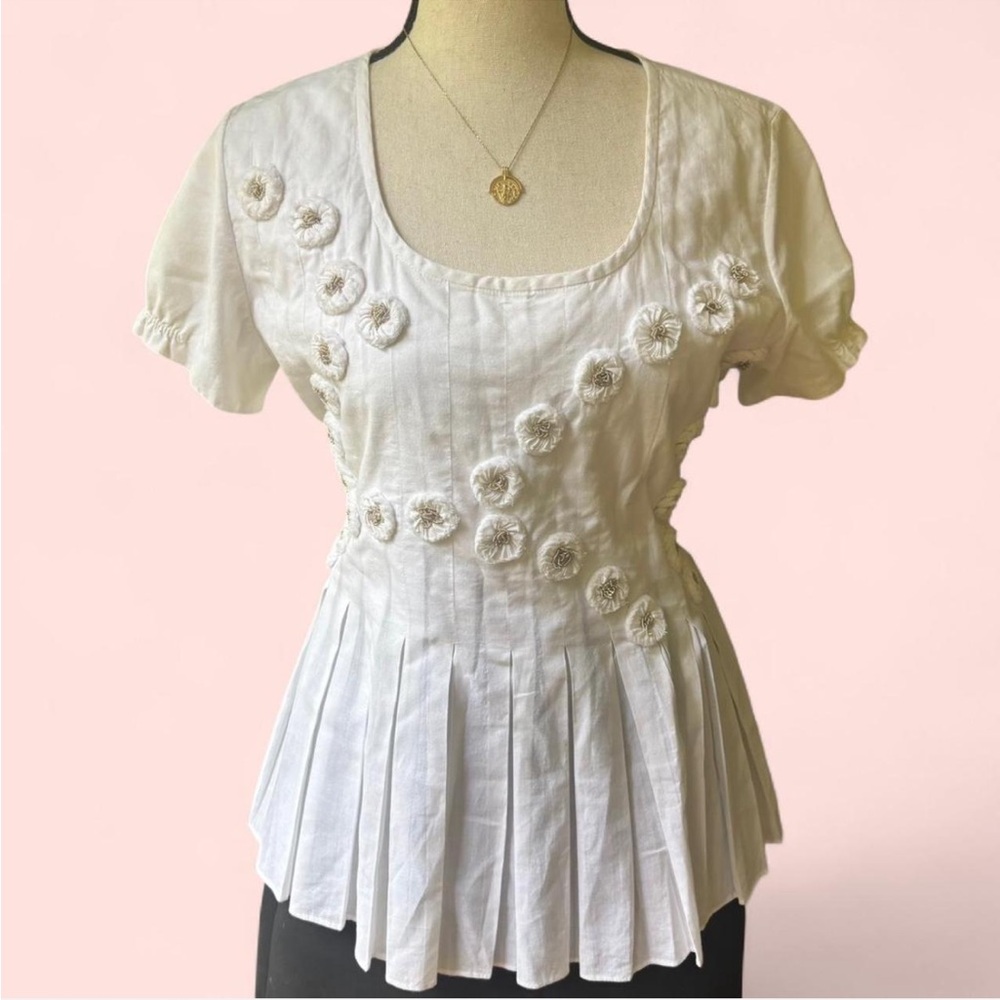 Ashish N Soni White Pleated Peplum Blouse | Floral Appliqués & Beading | Small